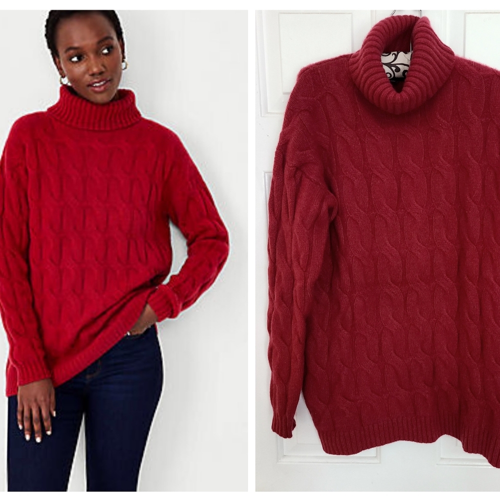 Ann Taylor Cashmere Red Cable Knit Turtleneck Sweater